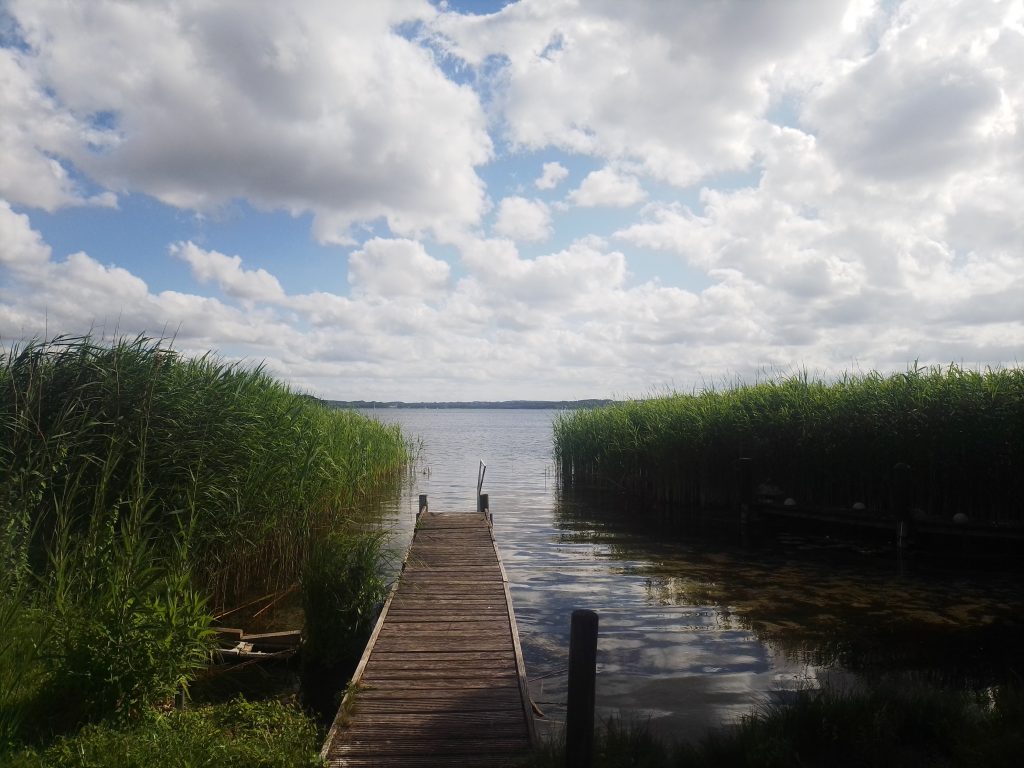 Ein Badeidyll mit Steg und Schilf an der Lübecker Wakenitz in der Nähe von Rothenhusen. Kostenlos mit Quellenangabe nutzbar.